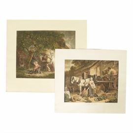 Pair of Colored Lithographs on Paper of Genre Scenes: A pair of colored lithographs on paper of genre scenes. This collection includes reproduction by Keating of an original painting by Francis Wheatley (1747-1801) titled_Preparing for Market_. The print depicts a family loading a horse-drawn cart with vegetables for market and was published by B.B. Evans. Also included is a print by M.A. Oates of an original painting by George Morland (1763 – 1804) titled The Cottagers. The print depicts a family enjoying a relaxing time in a landscape with their dogs and was published by Henry Graves & Co.