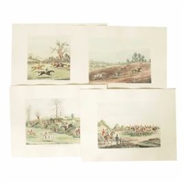 After James Pollard Hand-Colored Engravings on Paper: A collection of hand-colored engravings on paper after James Pollard (1792 – 1867). Included are four prints on heavy rag paper after Pollard’s __St. Albans Grand Steple Chase, Plate 1_, St. Albans Grand Steple Chase, Plate 2, St. Albans Grand Steple Chase, Plate 3, and St. Albans Grand Steple Chase, Plate 4. Each print features inscriptions in the lower margins denoting the title.