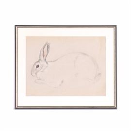 Emily B. Waite Conté Crayon Drawing on Paper of a Rabbit: A Conté crayon drawing on paper of a rabbit by well-listed Massachusetts artist Emily B. Waite (1887 – 1980). The work depicts a large rabbit in black and white with brown around the eyes and inside the ear. The piece is not visibly signed and comes from a collection of the artist’s work from The Worcester Historical Museum. Under a single layer of white mat, the item is presented under glass and housed in a black and silver-tone wood frame.