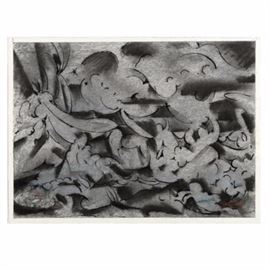 Ricardo Morin Mixed Media Painting on Paper Figural Scene: An ink and watercolor painting on deckle-edge paper of a figural abstract scene by well-listed American artist Ricardo Morin (Venezuela, b. 1954), created 2003. Signed and dated by the artist to the lower right corner. Presented without a frame or mat.