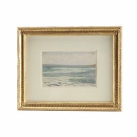 Charles DeWolf Brownell Watercolor Painting on Paper "Bristol 1864": An original watercolor painting on paper titled Bristol 1864 by listed American watercolorist Charles DeWolf Brownell (1822-1909). The painting depicts the rumbling water of the ocean with a sliver of land to the background. It is inscribed in the lower right with the title and date, “Bristol July 64” It is inscribed in the upper left is the letter “N”. There is a gallery label on verso from Borghi Fine Art Gallery. The piece is accompanied by catalog from a Hirschl & Adler Galleries exhibition. Presented behind glass, beneath a white mat, housed in a gesso and gilt frame.