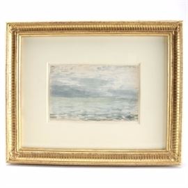 Charles DeWolf Brownell Watercolor Painting on Paper "Off Chesapeake Bay": A watercolor painting on paper titled Off Chesapeake Bay by listed American watercolorist Charles DeWolf Brownell (1822-1909), created in 1859. The painting depicts a blurred horizon line of a body of water and the sky. Inscribed in the upper right corner with title and date is “Off Chesap.- May 17- 59 – calm.” Gallery label on verso includes “Borghi Fine Art Gallery.” A catalog from the Hirschl & Adler Galleries exhibition is included. Presented behind glass in a gilt frame with white matting.