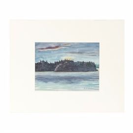 Florence Bartley Smithburn Watercolor on Paper of Landscape: A watercolor painting on paper of a nocturnal landscape by well-listed American artist Florence Bartley Smithburn (Indiana, 1904 – 1989). This moonlit landscape features a tree-lined shore across an open body of water. It is marked to the lower right with the Smithburn Estate stamp. Presented in white matting and wrapped in acetate.