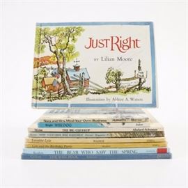 Vintage Children's Storybooks: An assortment of vintage children’s storybooks. This group includes a total of nine books, all presented with a hardbound cover. Featured are Just Right by Lilian Moore, published by Parents’ Magazine Press in 1968, Nora and Mrs. Mind-Your-Own-Business by Johanna Hurwitz, published by William Morrow and Company in 1977, and more.