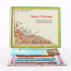 Childrens Books including First Printing of "Henry Possum" by Harold Berson: An assortment of children’s books. This eight book assortment of children’s books features illustrated covers and includes a first printing of Henry Possum by Harold Berson. This Weekly Reader Children’s Book Club Edition book was published by Crown Publishers, Inc. New York in 1973 with illustrations by Harold Berson. Also featured are two more Weekly Reader Children’s Book Club editions including Mouse and Tim by Faith McNulty, published by Harper & Row, New York and Jam Sandwich by John Vernon Lord, published by Houghton Mifflin Company, Boston. Also included are You’re Not Elected, Charlie Brown, Duck Duck, Gus and the Baby Ghost and Benjy and The Barking Bird.