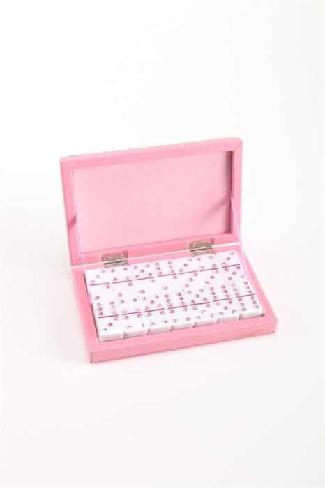 Pink Rhinestone Domino Set: A pink rhinestone domino set. The set features a pink dyed leather case with a furry leopard print top containing a twenty eight piece white domino set with pips that are pink rhinestones. Comes with instruction manual.