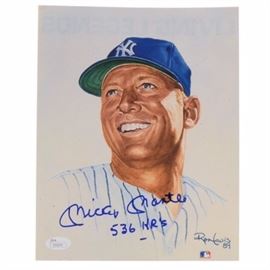 Mickey Mantle Signed Print COA: A Mickey Mantle autographed Ron Lewis full-color print. The work was originally done in 1989. Mickey signed his name and added, “536 Hr’s” with a bold blue marker. His signature was authenticated by JSA; their sticker is located at the lower left corner on the front of the print and their letter is included. The print is part of the “Living Legends”, Mantle’s print was #1 of the set.
