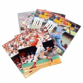 Sabo Signed Items with 1990 WS Program: A pair of Chris Sabo signed Sports Illustrated magazines and a 1990 World Series program. Chris signed the covers of two October 29, 1990 covers with a blue marker. The covers feature Chris swinging his baseball bat; the title of the covers, “RED October”. There are two autographed photos. There is a 1990 World Series program, Cincinnati’s version. It was not used and the team picture is still present inside. His signatures have not been authenticated.