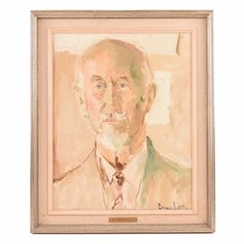 Original Portrait by Well Listed Artist R.O.Dunlop (1894-1973): An original oil portrait on board by well listed Irish artist Ronald Ossory Dunlop (1894-1973). The portrait depicts a mature gentleman with a distinctive mustache and goatee, done in an expressive, almost dry brush manner using a pale palette. The painting is signed in the lower right corner and presented in a linen mat with a pewter finish wood frame. The brass plaque mounted at the bottom center reads R.O. Dunlop R.A., L.G..