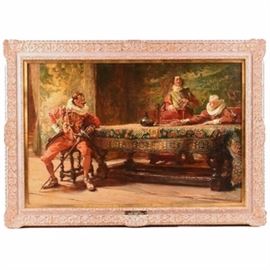 "The Discussion" Original Oil Painting by Edgar Bundy (1862-1922): A 19th century oil painting on canvas by well listed English artist Edgar Bundy, A.R.A. (1862-1922) titled The Discussion. The painting is illustrative in style, historically capturing in detail an interior scene with men in period dress, tapestries and a Persian rug draped over a Jacobean table. The painting is executed in fluid brushstrokes and a rich palette, the influence of the Dutch masters evident. The artist’s signature is found in the lower right corner and the period carved frame bears a brass placard with the title and the artist’s name in the center.