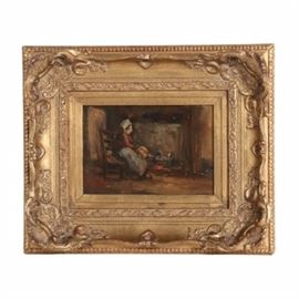 Original Oil Painting on Panel by Arthur Henri Christiaan Briet: A charming original oil painting on panel by listed artist Arthur Henri Christiaan Briet (1867-1939), framed and signed. Depicting a rural interior setting with a woman sitting by the fire tending a pot. The painting is signed in the lower right corner and presented in a very well carved antique frame in a gold finish.