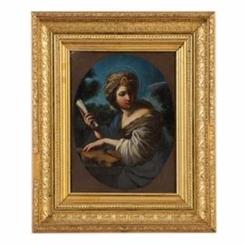 Early 19th Century Oil Portrait on Canvas After Vieira Portuense: An early-19th century European oil painting on canvas inspired by the oil painting titled Music’s Allegory by Portuguese artist Vieira Portuense (1765-1805). This painting features an oval-shaped portrait within a rectangular composition. Portrayed in an overall Neoclassical style, an idealized female figure wearing classical drapery holds a scroll in her right hand and touches a violin with her left hand. A halo encircles her decadent turban headpiece, and she is surrounded by a landscape. No signature was found on the painting. It is presented in an elaborate gold-tone wood frame with an ornate low-relief floral relief design.