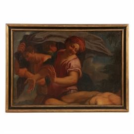 Early Old Master Italian School Oil Painting on Canvas: An early oil painting on canvas of figures, in the style of the Renaissance school. Depicted is a figure wearing a red turban looking towards a nude body in the lower right of the composition. A man carrying a child on his back holds a dark fabric draped over himself. The background is rendered with tropical foliage and trees. This piece is unsigned and comes housed in a painted black and gold tone frame. Attached to the verso is a loan label from Fogg Museum.