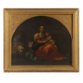 Old Master School Oil Painting on Canvas of a Madonna and Child: An oil painting on canvas of a Madonna and Child. Depicted is the Virgin Mary looking towards the viewer as the Child Christ sits in her lap. A young boy reads from a book in the left of the composition. This piece is not signed by the artist and is housed in a gold tone frame with an ornate arched liner.