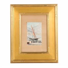 "In Mentone Harbor", Watercolor by Frank Henry Shapleig: An original watercolor by well listed American artist, Frank Henry Shapleigh (1842 – 1906) titled In Mentone Harbor, signed in the lower right corner. The watercolor illustrates the harbor and old town in Mentone, Riviera, with moored sailing ship with barrels and figures on the landing, old town village across the bay with tall mountains behind. The painting is housed under glass floating on the mat and presented in a wooden frame with gold painted finish. The painting is titled to the lower right on the mat.