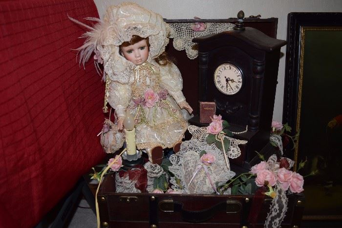 Vintage doll and clock in box 