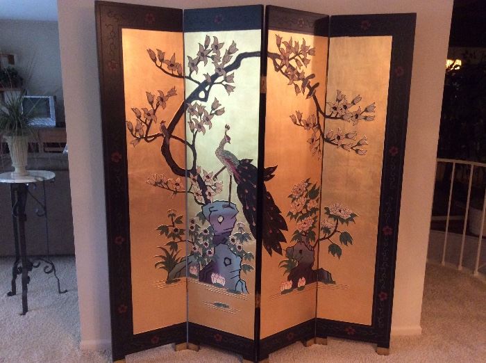 Gorgeous Asian carved wood hand painted folding screen