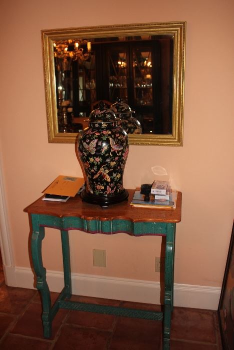 Table, Decorative Covered Urn and Gold Framed Mirror