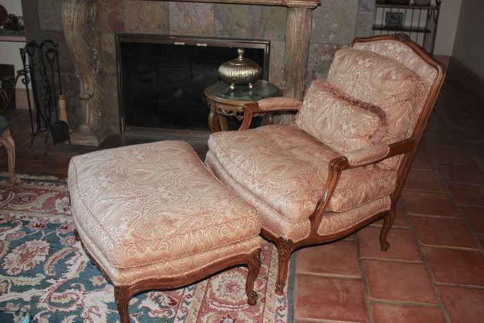 Bergere Chair and Ottoman with Side Table and Decorative