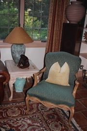 Upholstered Chair, Light Wood Side Table, Lamp and Decorative