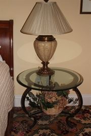 Round Glass Topped Side Table with Lamp and Floral Decorative