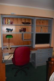 Blue Bedroom Set and Red Desk Chair with Desk Lamp and Decorative