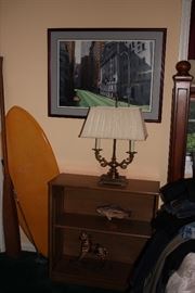 Wood Shelf Unit with Lamp, Print and Decorative