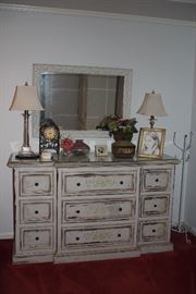 Stenciled Dresser with Pair of Lamps, Clock, Decorative and Mirror