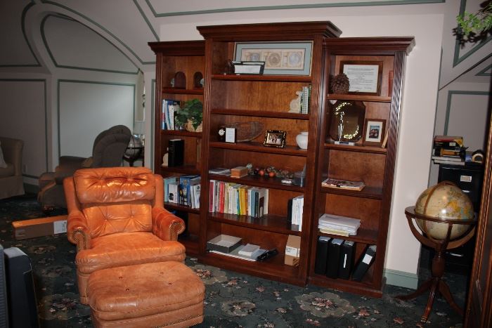 Breakfront and Chair with Ottoman, Floor Globe, Decorative and Books