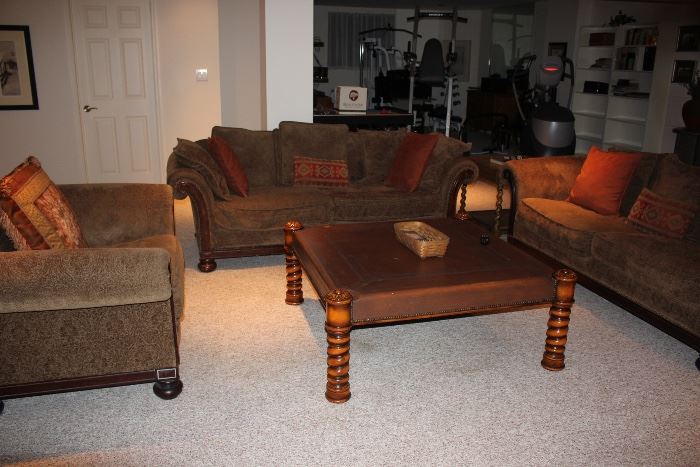 Living Room - Sofa, Love Seat and Club Chair with Square Coffee Table and Decorative Pillows