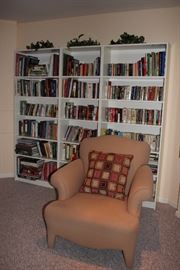 Books, Book Case and Upholstered Chair