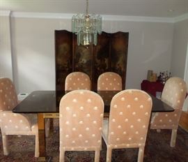 Large Brass & Smoky Glass Dining Room Table with Six Chairs