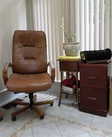 brown leather desk chair, small rattan table & small 2 drawer chest