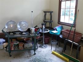 just a bit of the garage items available - patio tables, serving cart, bird bath, loads of pottery plant pots & more