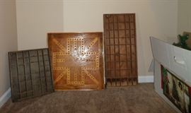 interesting game board, typesetter cabinets & a very tall Christmas Tree - game board & 1 of the typeset shelves have been sold