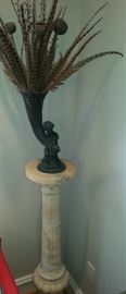 antique marble pedestal & bronze cherub vase with pheasant feathers