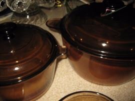Corning Pyrex Visionware amber glass - pots