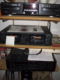 JVC VHS Stereo cassette recorder, CD player, Onkyo stereo double cassette tape deck, dell mini speakers