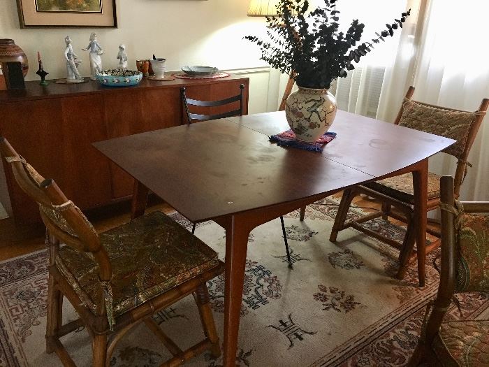 Mid Century Modern dining room table, rug 
