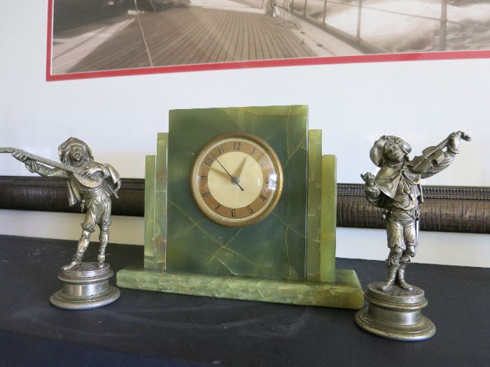 Art Deco Marble Mantle Clock with a pair of 19th. C. Minstrels on Pedestals