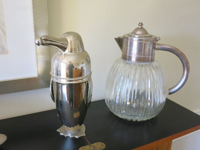Art Deco Silverplate "Penguin" Martini Shaker and a Crystal & Silverplate Water Pitcher