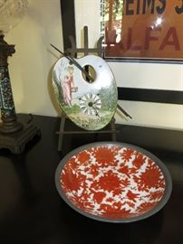 Chinese Red & White Pewter Wrapped Bowl w/ a 19th. C. French Porcelain Easel Clock