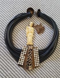 Small Ivory Figural Pendant with a Leather Strand, Silver & Rhinestone Necklace (not sure yet if metal is Sterling or plate)