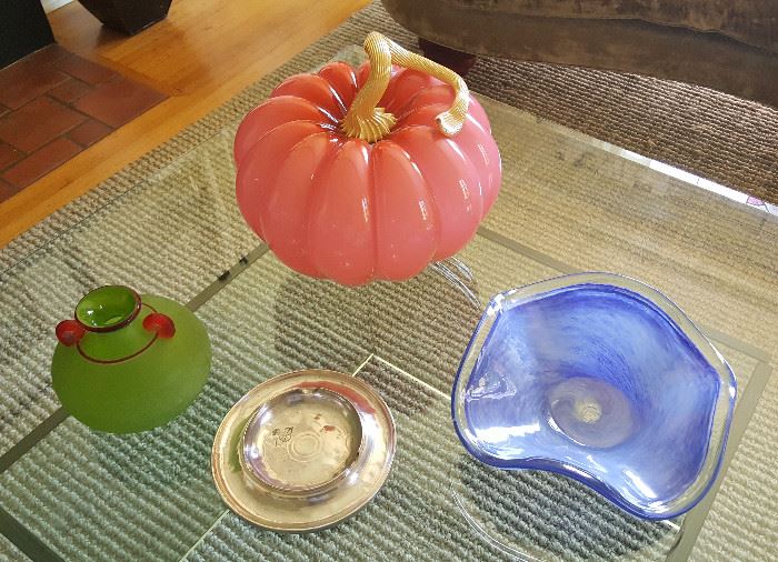 Large Art Glass Pumpkin by Cohen-Stone w/ an Art Glass Bowl and Green Vase; Antique Silverplate Ashtray - Coaster