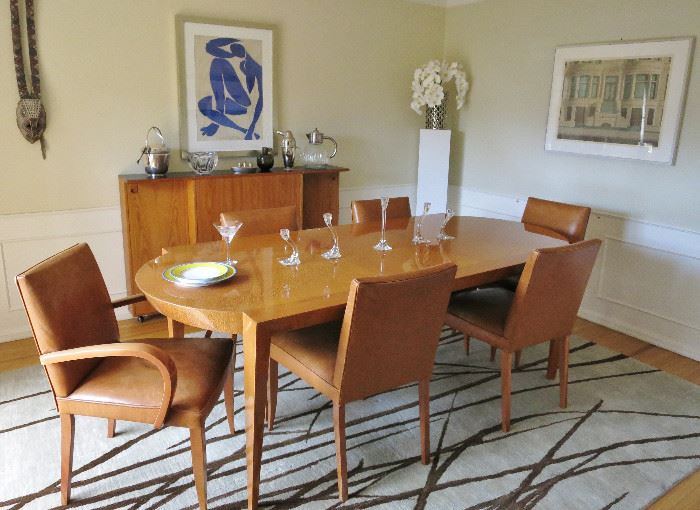 Fabulous Dakota Jackson Australian Lacewood Dining Table with 8 Leather Chairs