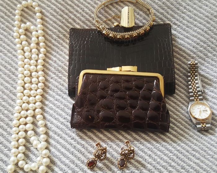 A French 1960's Genuine Crocodile Ladies' Wallet w/ another 1960's French Genuine Crocodile Change Purse; 37" Strand of Genuine Cultured Pearls, approx. 6.5 mm; Pair of Vintage Garnet & Gold Earrings; Ladies 70's Seiko Steel & Gold Watch