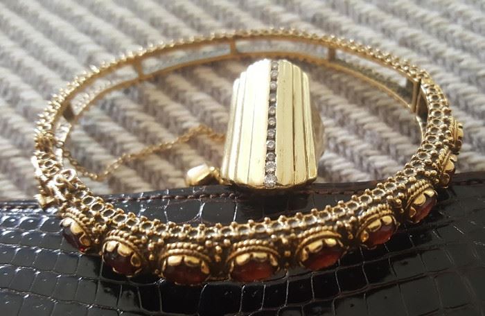 Retro Gold & Diamond Cocktail Ring; Vintage 14 KG Garnet Hinged Filligree Bangle