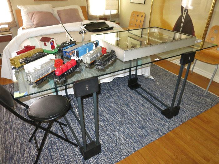Glass Top Desk and a Vintage Lionel Train Set