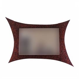 Starburst Wooden Wall Mirror: A contemporary wall mirror. The large wood mirror frame features a stylized sunburst shape, with a rectangular mirror in the center. The frame features a dark red-brown distressed finish. No maker’s marks.