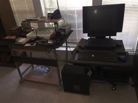 Computer on cart, desk, and games